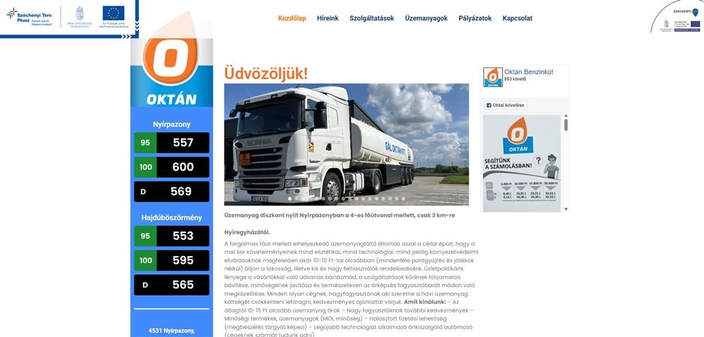 Oktán benzinkút weboldal képernyőkép